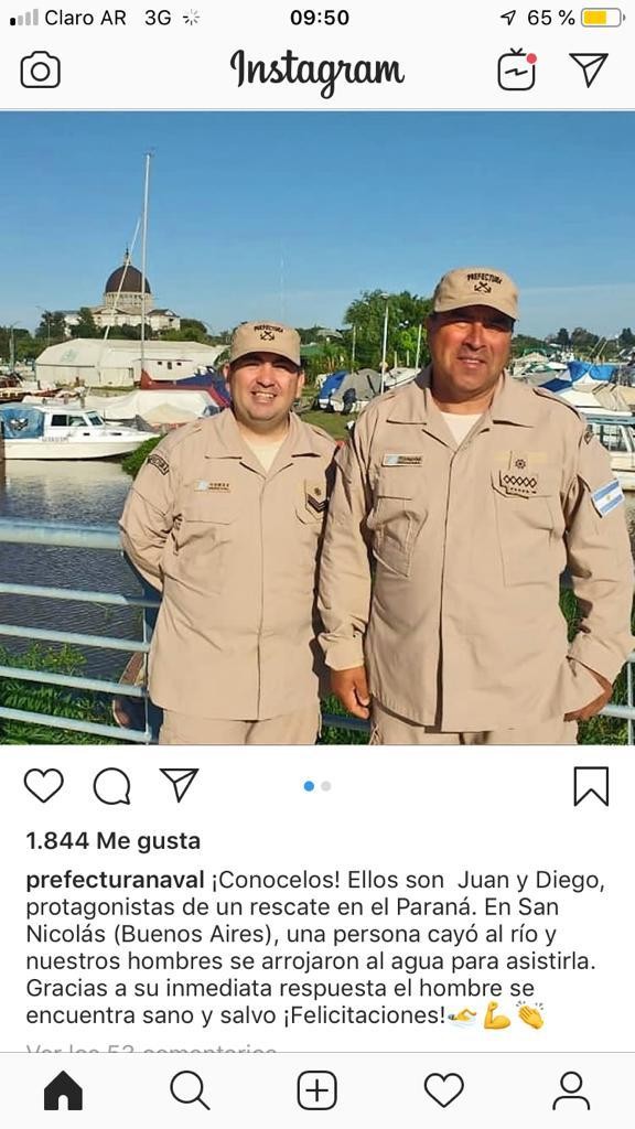 Prefectura: Ferreyra y Gómez salvaron a un hombre que se había caído al Paraná