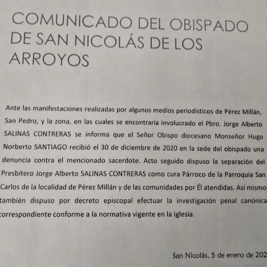 Separan al cura párroco de Pérez Millán, la justicia avanza en la investigación y el Obispado de San Nicolás emitió un comunicado