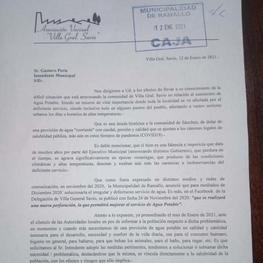 Un problema y un pedido que se reitera en Villa General Savio