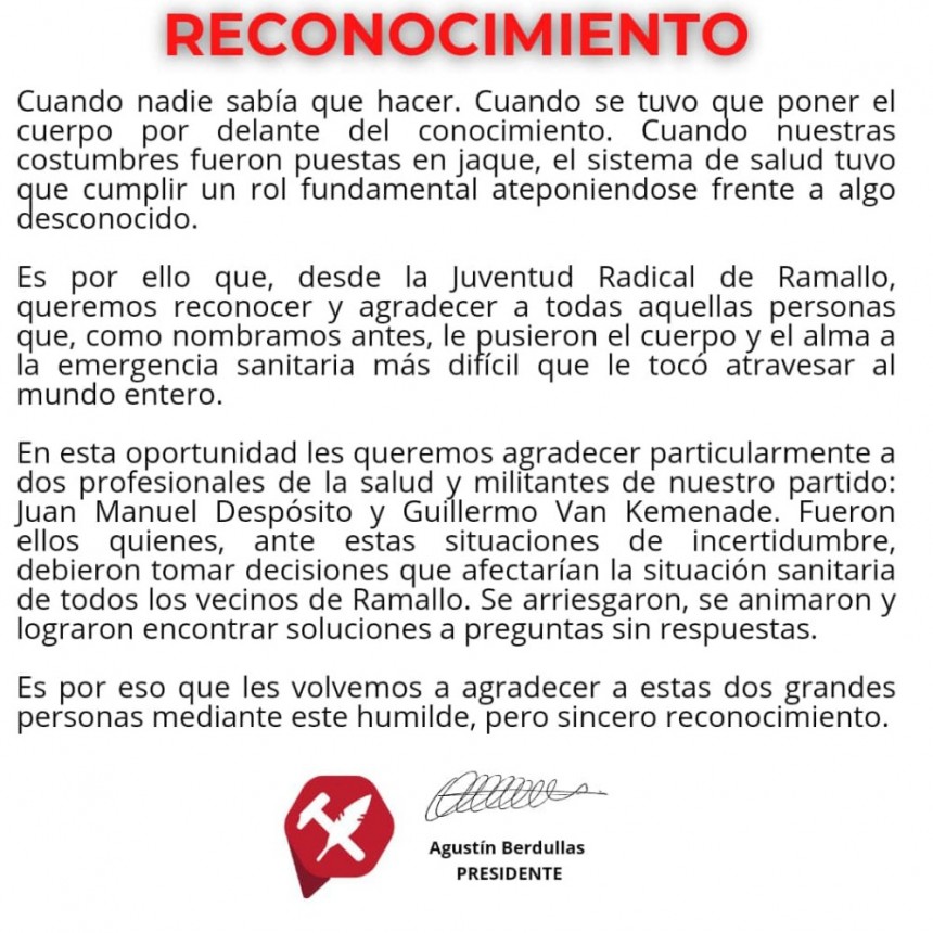 La Juventud Radical le agradeció a los directores del hospital 