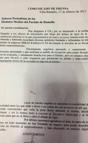 Obras Ramallo decidió no hacer el edificio en la costa de Ramallo
