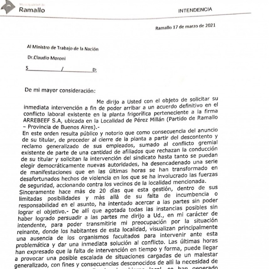 El Intendente Perie pidió la intervención de Provincia y Nación