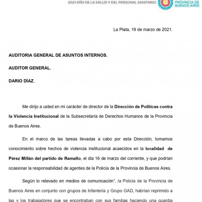 La Subsecretaría Derechos Humanos investigará los hechos de represión en Pérez Millán