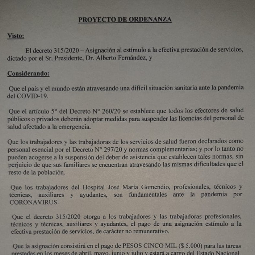 Proponen que el gobierno local adhiera a decreto 315 del gobierno nacional