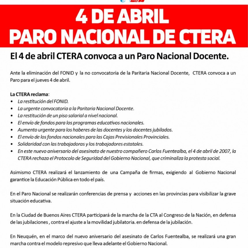 El 4 de abril paran los docentes en todo el país 