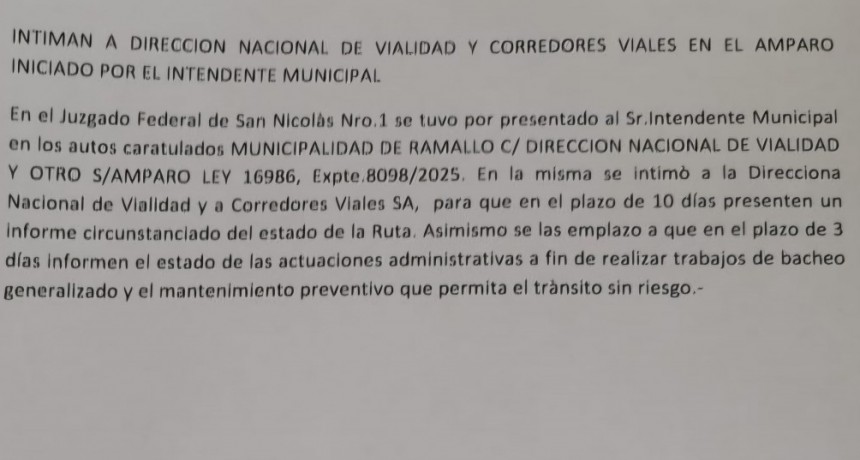 La Justicia ordenó a Vialidad Nacional 
