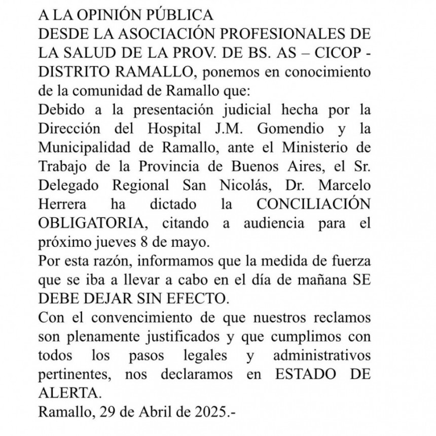 CICOP Ramallo suspendió la medida de fuerza por conciliación obligatoria