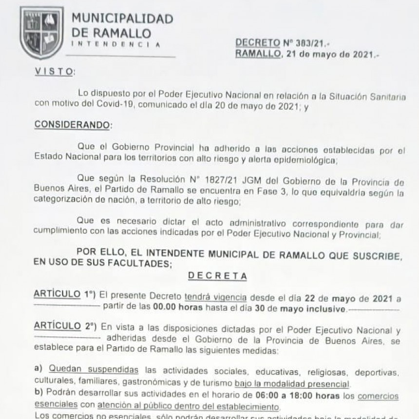Se informó el decreto que establece las nuevas medidas para Ramallo