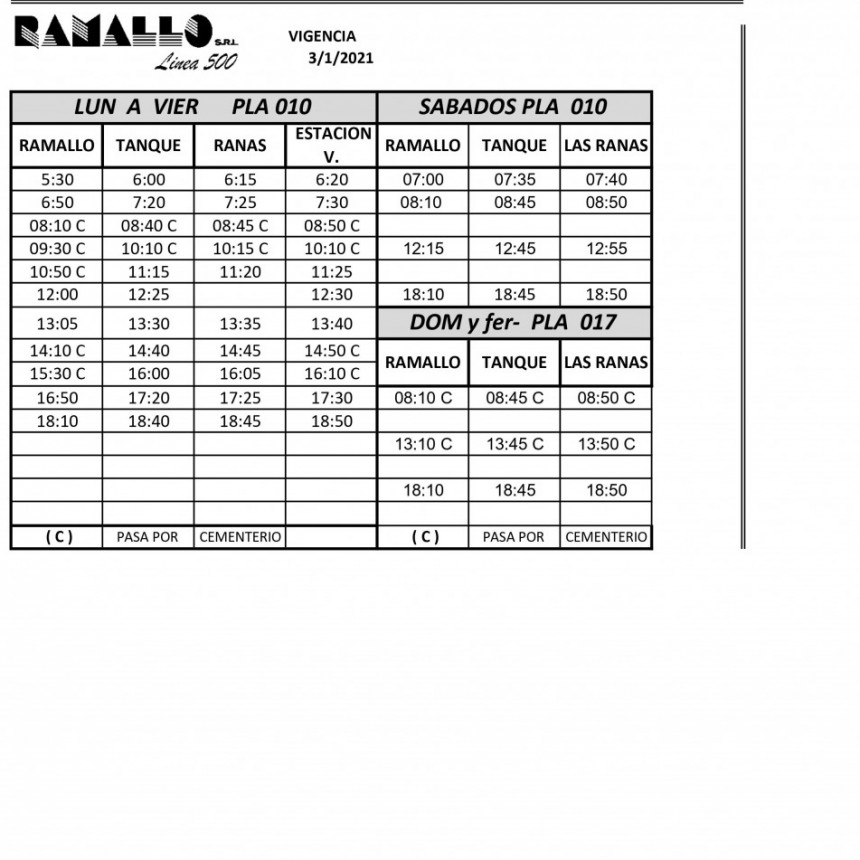 Horarios del Transporte público de pasajeros