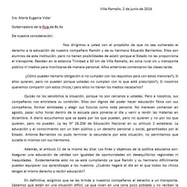 Los alumnos le enviaron una carta a la gobernadora