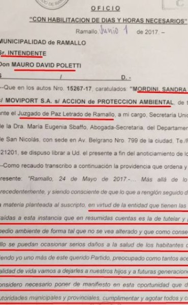 Oficio judicial del Juzgado de Paz Ramallo le dice no a Moviport