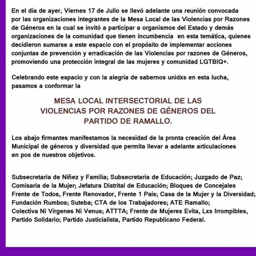 Solicitan la pronta creación del Área Municipal de géneros y diversidad 