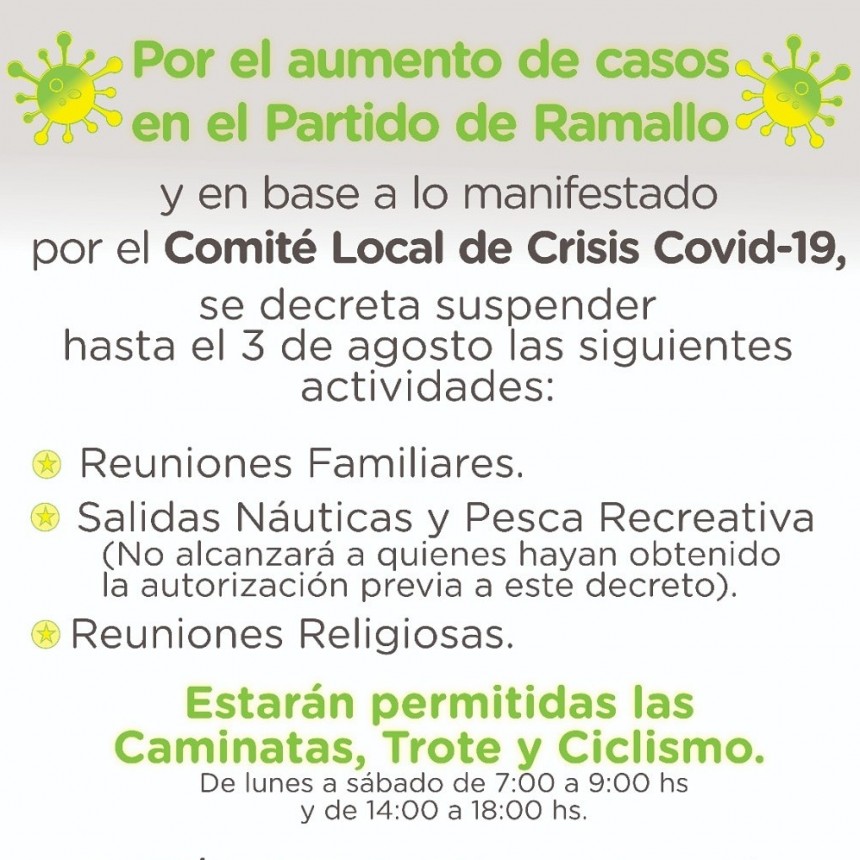 La municipalidad de Ramallo suspende reuniones y salidas recreativas hasta el 3 de agosto