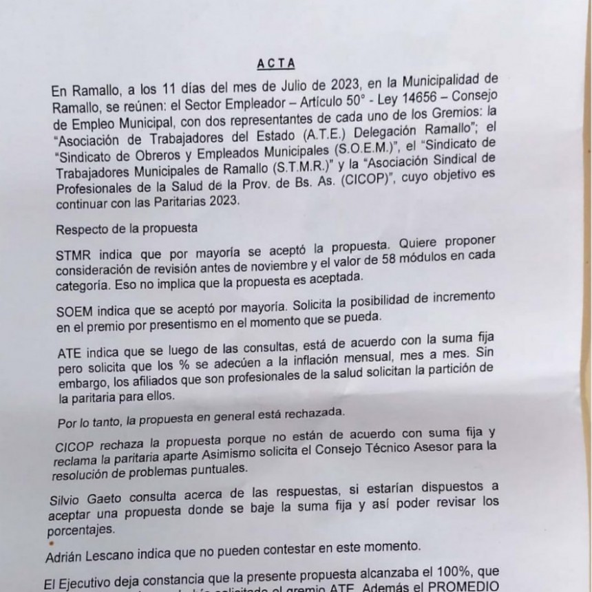 Reunión paritaria entre ATE Ramallo y el ejecutivo finalizó sin acuerdo