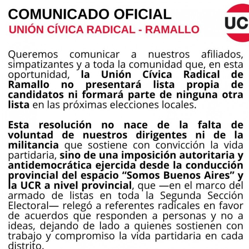 “Una de las páginas más oscuras”: la UCR explicó por qué no hay lista local en Ramallo
