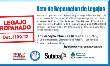 San Nicolás: El Ministro de Educación de la Nación, Alberto Sileoni, entregará el legajo reparado de la docente Irma Zucchi