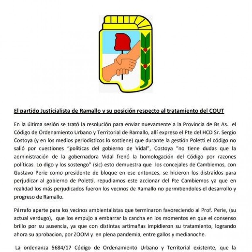 El partido Justicialista de Ramallo y su posición respecto al tratamiento del COUT 
