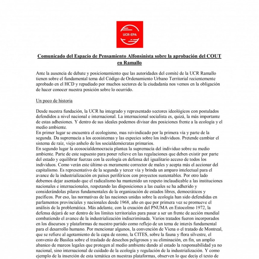 Comunicado del Espacio de Pensamiento Alfonsinista sobre la aprobación del COUT en Ramallo