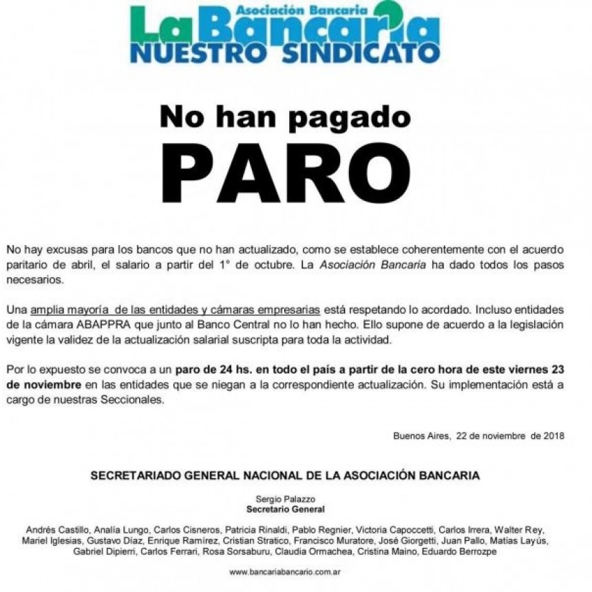 Bancarios anunciaron un paro de 24 horas para este viernes en todo el país
