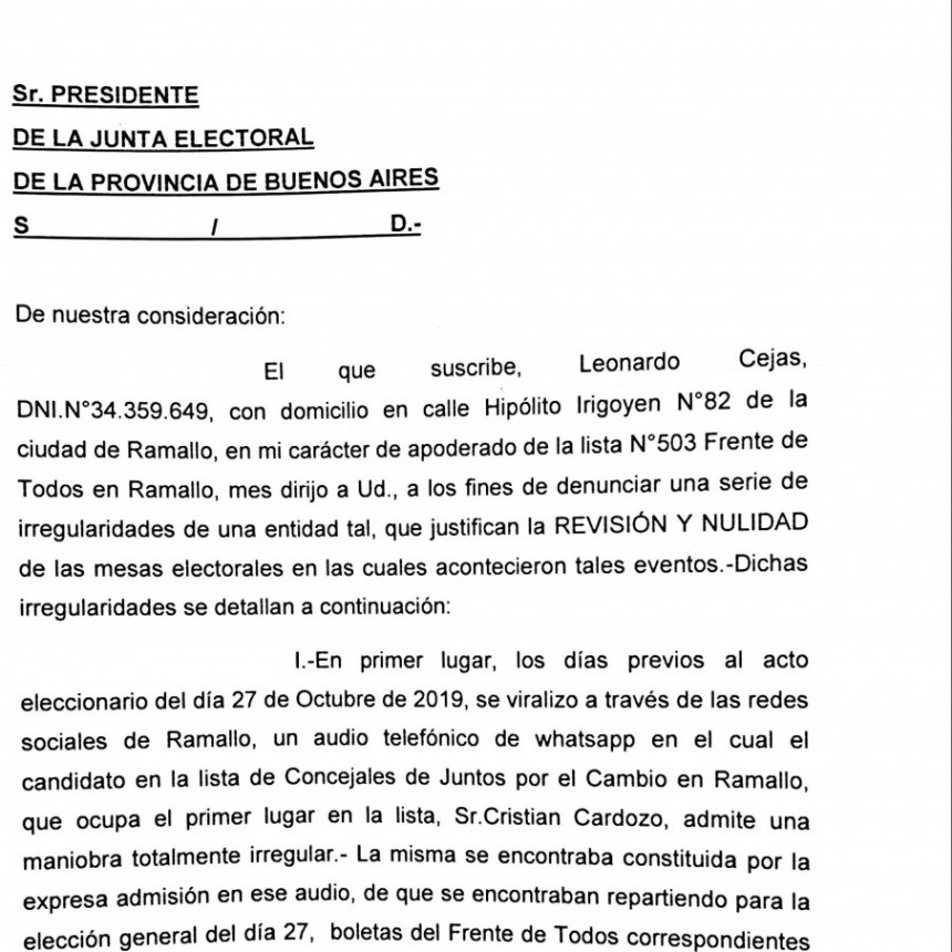 Reclamo a la Junta Electoral