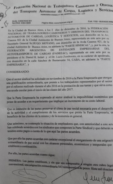 Camioneros cerró bono de fin de año de $ 7260 