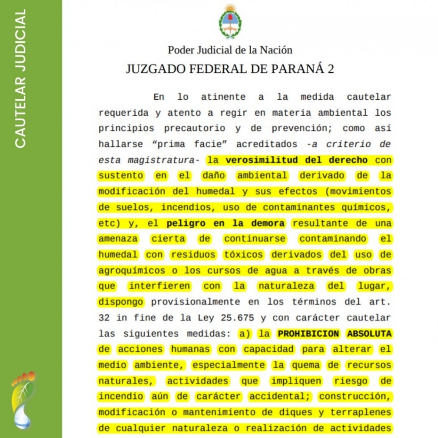 Cautelar judicial que prohíbe la agricultura con agrotóxicos en las Lechiguanas.