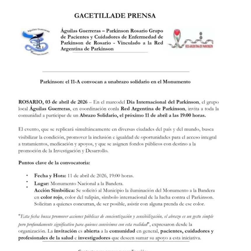 Convocan a un abrazo solidario por el Parkinson en Rosario
